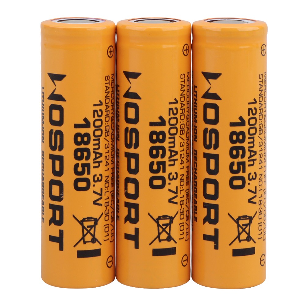 WOSPORT BATTERIE RICARICABILI 18650 Li-ION 3.7V x 1200mAh - 3 PEZZI (WO-EX049)
